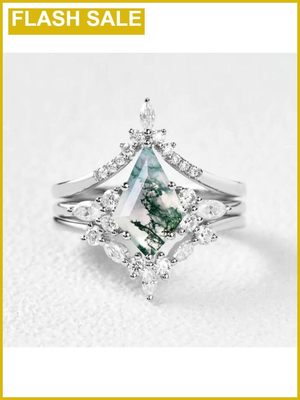Natural Moss Agate Kite Cut 3 Piece Engagement Ring Set 925 Silver Rose Gold